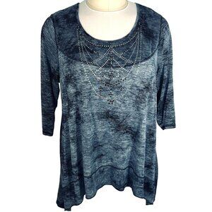 Avenue - Women's 26/28 Blouse Steel Blue and White Silver Beaded Sharkbite Hem